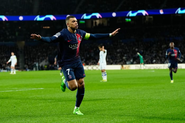 Kylian Mbappe pictured celebrating after scoring a goal for Paris Saint-Germain against Real Sociedad in the UEFA Champions League in March 2024